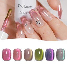 Coikaze Magnetic Gel, Magnetic Nails, Bi-Color, Set of 6 Colors, Gel Nails, with Magnets, Galaxy Cat's Eye Gel, Dull Colors, Color Gel, Cat Eye, Compatible with UV and LED (Ultra Fine Silk Magnet Gel)