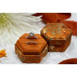 Beatrix & Luca Printed Fabric Velvet Ring Box for Wedding Ceremony, Proposal, Engagement, Bridal (Marigold Double Ring)