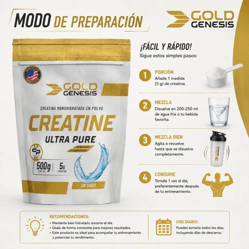 Creatina Monohidratada Micronizada Gold Genesis Sin Sabor 500g Ultra Pure