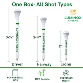 Luminox Greens 3 Pack Bamboo Golf Tees – 54 Wooden Tees in Pocket Golf Tee Box Holders, 3 Sizes for Driver & Iron – Golf Accessories & Gifts
