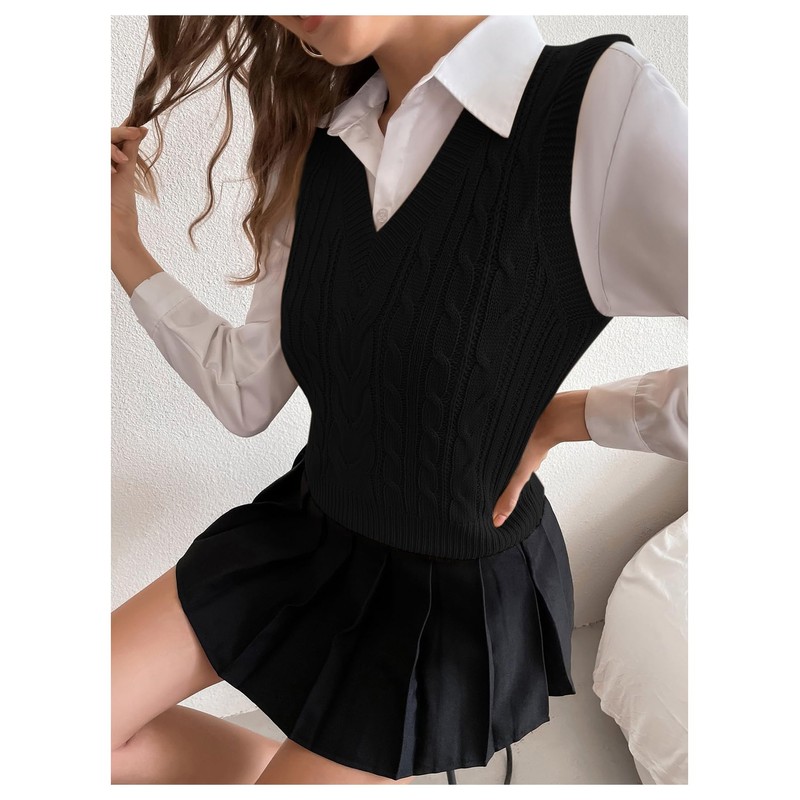 Milumia Women's Cable Knit V Neck Sweater Vest Sleeveless Ribbed
