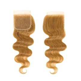 4x4 Honey Blonde Lace Closure Unprocessed Human Hair 150% Density Closure Pre-Plucked Hairline Body Wavy Style With BabyHair Natural #27 Color 16 Inch