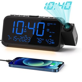ROCAM Projection Alarm Clock for Bedroom Ceiling, Digital Clock with 180° Projector with 5-Level Dimmer, Dual Loud Alarm with Weekend/Weekday Mode, Date, Temp, Humidity, Night Light, DST, Snooze