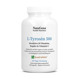 NatuGena L-Tyrosine 500, Bioactive B Vitamins (B3, B2, B6), Copper & Vitamin C, 500 mg L-Tyrosine per Daily Dose, 120 Capsules (60 Day Pack)