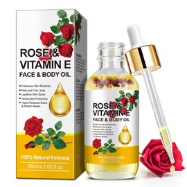 Vitamin E Oil, Rose Vitamin E Face & Body Oil, Prevent Skin Dryness, Maintain Skin Softness, Reduce Wrinkles, Minimize Swelling, Diminish Scars and Stretch Marks, with A Gentle Formula, 2.02 Oz