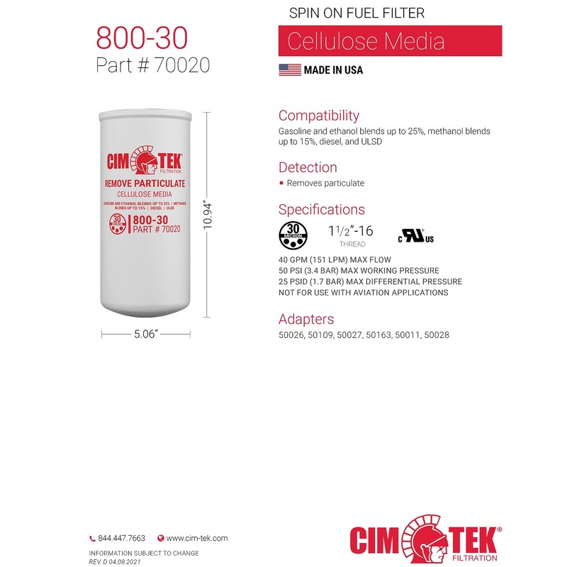 Cim-Tek 70020-6 800-30 Filter Particulate 1-1/2" 16 UNF 40 GPM