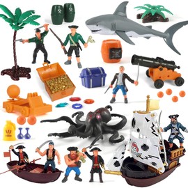 Pirate Action Figures Playset with Boat, Treasure Chest, Cannons, Shark, Pirate Ship Toys-Pirate Toy, 50 PCS Kids Pretend Adventure Set Figures, Birthday Gifts for Age 2 3 4 5 6 Year Old Boys Girls