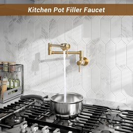 CASAINC Brushed Gold Commercial Wall Mount Pot Filler Faucet - Brass Over Stove With Double Joint Swing Arms for Kitchen