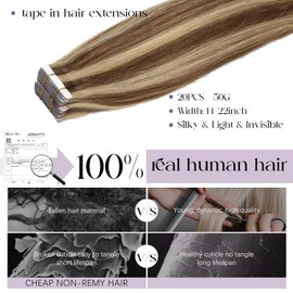 Lacer Tape In Hair Extensions Human Hair 14 Inch Chocolate Brown Highlights Light Golden Brown Invisible PU Skin Weft Hair Extensions 20 Pcs 50G For Women