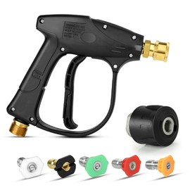 Short Pressure Washer Gun: 4350 PSI High Power Washer Spay Gun with 5 Nozzle Tips, Compatible with 1/4 Outlet Connect Nozzles for Car Wash, Garden, Pool & Home Cleaning Tools