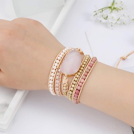 Plumiss Bohemia 5 Wraps Rose Quartz Bracelet Handmade Multilayer Beaded Crystal Jewellery For Women And Girls