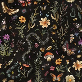 VEELIKE Midnight Forest Wallpaper Peel and Stick Snake Butterfly Floral Wallpaper for Bedroom Bathroom 17.7''x118'' Black Botanical Wall Mural Removable Self Adhesive Floral Contact Paper for Cabinets