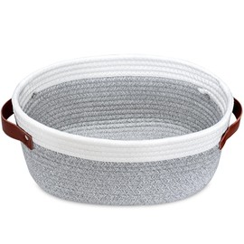 ABenkle Small Woven Basket, Cute Small Basket, Rope Room Shelf Storage Basket, Cat Dog Toys Basket Chest Box, Empty Decorative Gift Basket with Leather Handles