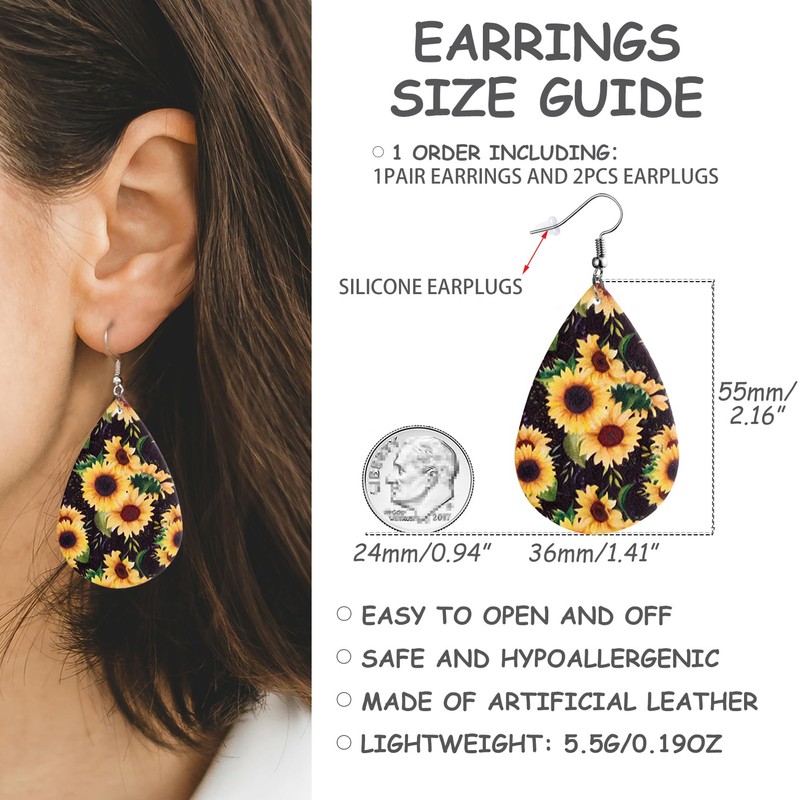 YINCUO Sunflower Earrings for Women Leather Teardrop Dangle Drop Jewelry