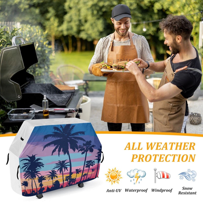 Premium Grill Cover Waterproof Beach Palm Tree Rainbow Sky Barbecue