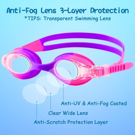 COOLOO Kids Goggles for Swimming Age 3-15, 2 Pack Kids Swim Goggles with nose cover, No Leaking, Anti-Fog, Waterproof, Pink Yellow & Purple