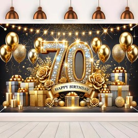 BlissYard Happy Birthday Banner 71 x 43 Inch 70th Birthday Backdrop Gold and Black Happy Birthday Party Decorations Banner for Women Men Photography Supplies Background Happy Birthday Decoration