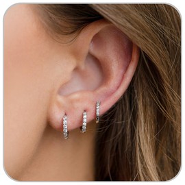 Sterling Silver Hoop Earrings for Women Small Gold Hoop Earring Sets 8mm 10mm 12mm Cubic Zirconia Huggie Hoops for Men Hypoallergenic Jewelry for Multiple Cartilage Piercing (Silver)