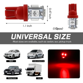 Hbxdeco 10PCS 194 Car LED Light Bulb, Super Bright T10 5050 5SMD LED Car Interior Light Bulb, 12V 168 T10 2825 Wedge Bulb Replacement for Dashboard Dome Map Door License Plate Lights (Red)