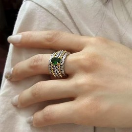 Sonateomber Italian Emerald Thick Band Adjustable Open Gold Silver Ring for Women - Sparkly Simulated Diamond Cubic Zirconia Fashion Costume Grandma Mother’s Day Love Promise Costume Jewelry Gift