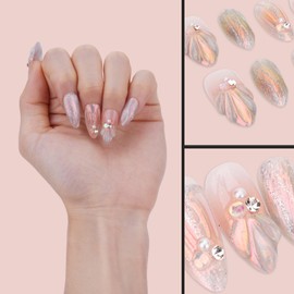 Handmade Press On Nails, ATIMORY 3D Mermaid Aura Shell Press-On Nail, Medium Long Almond Oval False Nail Tips Almond False Nails 10 Pcs Reusable with Nail Tool (S)