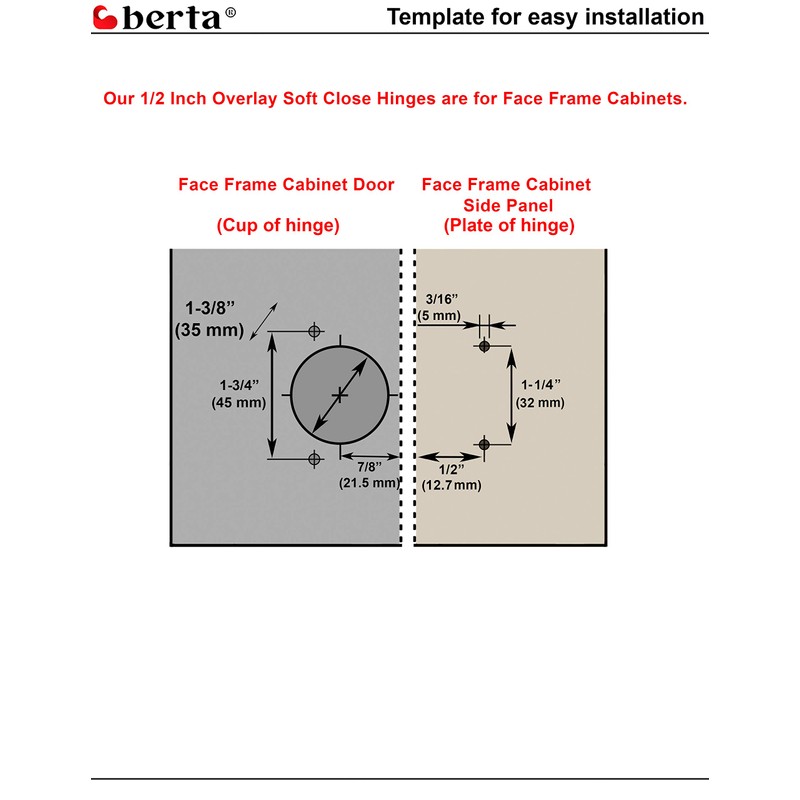Berta 10-Pack, Full Overlay Cabinet Door Hinges,105 Degree Adjustable Concealed