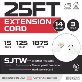 Iron Forge Cable Weatherproof 25 Ft Outdoor Extension Cord - 14/3 SJTW Heavy Duty White Extension Cord 3 Prong - 15 Amp Exterior Power Cable