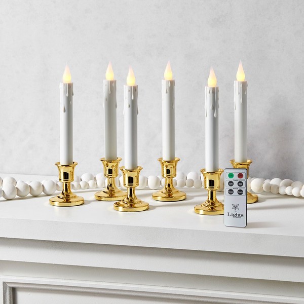 LampLust Christmas Window Candles Battery Operated with Timer, 6 Pack Christmas Candles, Gold Holders, Remote, Warm White Light, Electric Welcome Candle Holiday Window Sill Decorations