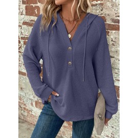 Doktoo Womens Tops Hoodies for Women Oversized Waffle Knit Drawstring Button V Neck Long Sleeve Shirts Casual Lightweight Sweatshirt Hooded Comfy Fall Fashion Outfits Clothes 2025 Wild Wind Large