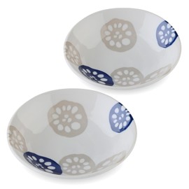 Mino Ware Japanese Lightweight Shallow Bowl Set, Renkon, Indigo Blue, Set of 2, Salad Bowls, Fruits Bowls,Pasta Bowls, Gift, Blue - 9 inch
