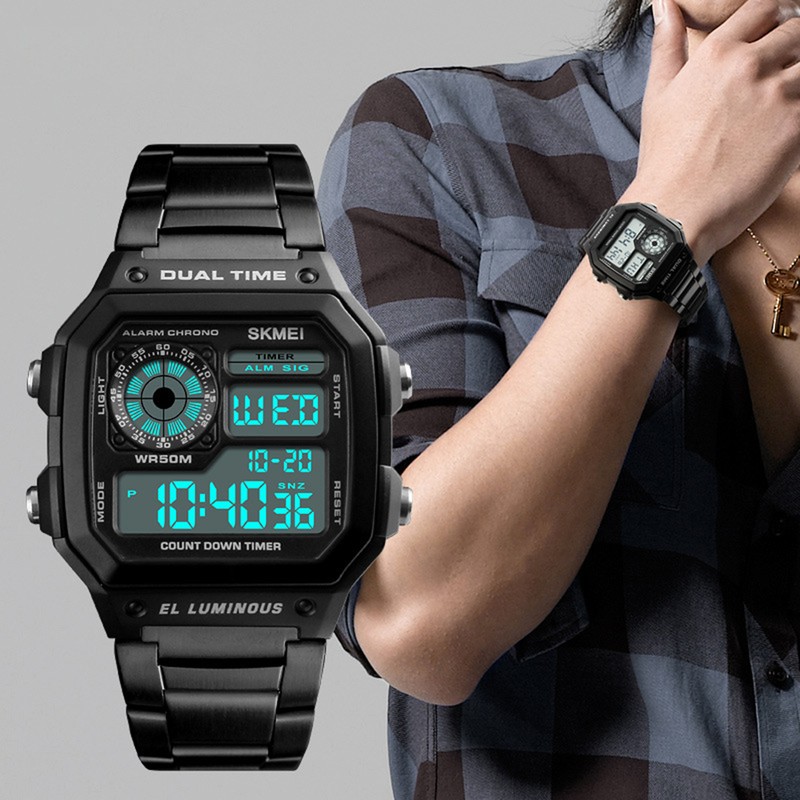 Men Digital Watch Stopwatch Countdown Alarm Luminous Watch