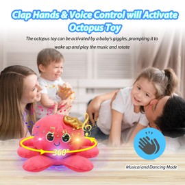 JoyyiKinddy Musical Octopus Baby Toy - Crawling & Rotating Octopus Toy with Recording, Light-Up Voice Control, Clap Hands Awake for 2-6 Year Old Boys and Girls, Tummy Time Sensory Toy
