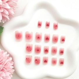 Valentine's Day Press on Nails Short Square Fake Nails with Red Heart Designs Glitter Glue on Nails Pink Gradient Acrylic Nails Cute False Nails Nude Stick on Nails for Women 24Pcs