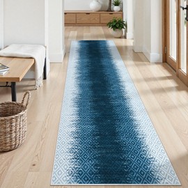 Beeiva Ombre Checkered Hallway Runner Rug 2x8, Ultra Thin Blue Foldable Kitchen Runner Rugs Non Skid Washable 2x8, Modern Abstract Print 8 ft Carpet for Hallways Bathroom Bedroom