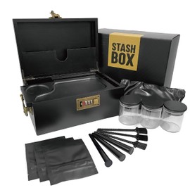 Premium Bamboo Box with Combination Lock & Handle, Home Decorative Storage Box, Large Locking Stash Box with Smell Proof Pouches, Glass Jars, Storage Bag, Tubes, Brushes as Great Gift Choice (Black)