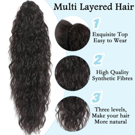 LEDIZE Ponytail Extension, Claw Clip on Pony tails Hair Extension for Women 18 Inch Long Wavy Curly Fake Ponytail Clip in Hair Pieces for Women Fluffy Natural Looking (Dark Brown Black, 18 Inch)
