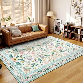 Terrug 5x7 Green Floral Area Rug for Living Room,Boho Machine Washable Ultra-Thin Rugs with Non-Slip Blacking for Bedroom,Large Flower Carpet for Dining Room Playroom Floor Decor