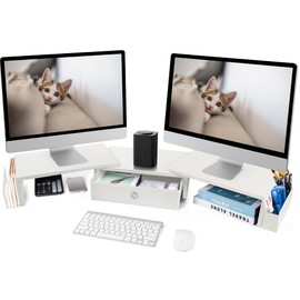 RUILALIFE Dual Monitor Stand Riser w/ Drawer & Metal Leg, Large White Computer Monitor Riser w/ Storage For 2 Monitors, Desk Shelf For Monitor w/ Adjustable Length & Angle, Desktop Organizer