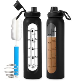 RhythmFit Glass Shaker Bottle 34oz/1L Black Glass Protein Shaker Bottle With Shaker Ball Large Shaker Bottles for Protein Mixes Portable Powder Mixer Blender Water Bottle for Gym Workout Sports