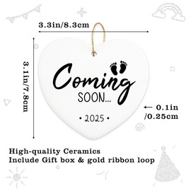 Coming Soon 2025 Baby Announcement Hanging Ornament Gender Reveal Best Gifts for Expectant Mom Dad Pregnancy Announcement for Grandma Grandpa Christmas Tree Ceramic Heart Keepsake