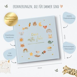 MeinBaby123® Baby Album Your First Year High-Quality Gold-Plated with 136 Filling Pages, Gift for Birth, Baby Gifts, Baby Diary to Fill in for Milestones in the 1st Year (Blue)