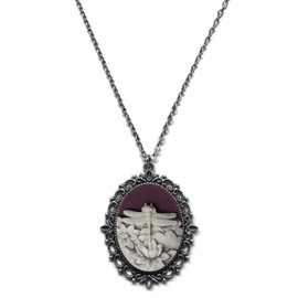 Victorian Vault Dragonfly Cameo Steampunk Gothic Pendant Necklace on Chain (Purple/White)