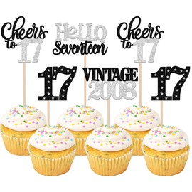 24 piezas de decoraciones para magdalenas de feliz cumpleaños 17, estrella 17, Hello Seventeen clásico, 2008, púas para magdalenas, decoraciones de 17 cumpleaños para él 17 cumpleaños, aniversario