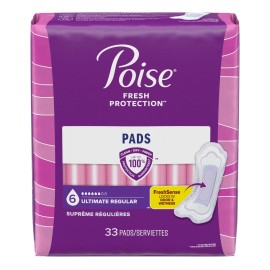 Poise Incontinence Pads for Women, 6 Drop Ultimate Absorbency, Regular, 33 Ct