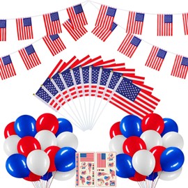 4th of July Decorations 33ft American String Flags Banner+ 10Pcs Handheld USA Stick Flag+ 30Pcs Red White Blue Balloons+2 Sheet Stickers Party Decor for 4th of July America Patriotic Day Memorial Day