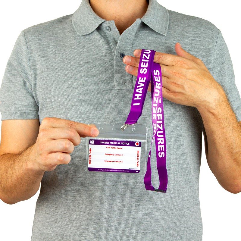 Seizures Medical Card With Writable Panel and Patterned Lanyard