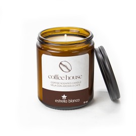 Estrella Blanca Coffee House Scented Candle – 9oz Amber Glass Jar with Black Lid, Premium Soy Wax Blend, Long-Lasting Cozy Fragrance – Gift for Friends & Family