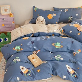 Lunoroey Kids Space Duvet Cover Set 100% Cotton Bedding Single Size Boys Space Rocket Astronaut Print Blue Quilt Cover Comforter Cover Set All Season Use