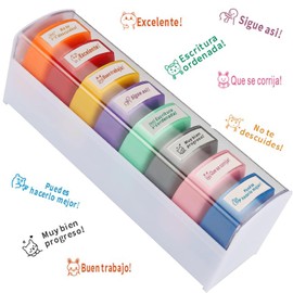 8 Piezas Sellos para Maestros, Sellos Personalizados Español con Bandeja de Almacenamiento, Juego de Sellos Escuela Autoentintados para Calificación, Comentarios Alentadores, Sello de Oficina