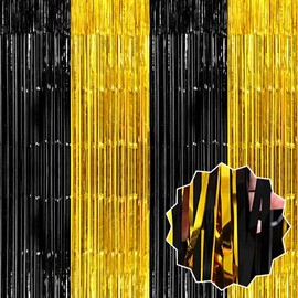 3 Pack 3.28x8.2 Ft Black and Gold Tinsel Foil Fringe Curtains Party Decoration Backdrop, Streamers Curtains Backdrop for Photo Booth, Birthday, Christmas, New Year Eve, Disco, Event Party Supplies